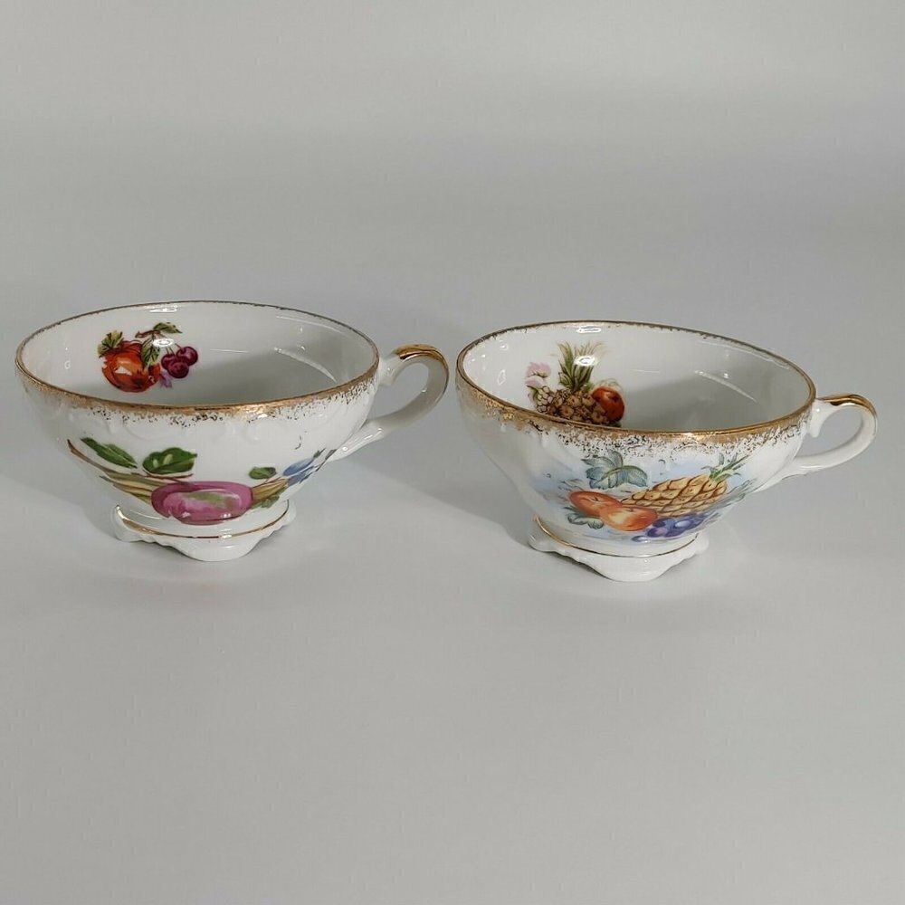 Set Of 2 Enesco Imports Japan White Porcelain Fruits Print Gold Rim Tea Cup